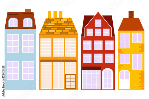 Set of houses in scandinavian style on white background. Сity architecture in Nordic style. Isolated facades european buildings. Retro design for print on wallpaper, packing. Vector illustration