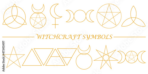 Set of witchcraft symbols. Isolated pagan symbols in golden color on white background. Protective amulets for witches. Line art. Esoteric, sacred geometry. Alchemy tattoos. Vector illustration