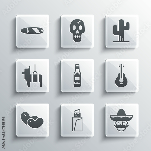 Set Burrito, Mexican man sombrero, guitar, Tabasco sauce, Beans, Pinata, Cigar and Cactus icon. Vector