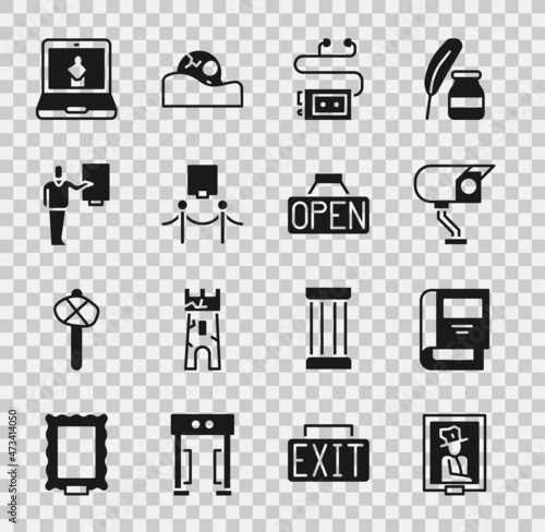 Set Portrait in museum, History book, Security camera, Museum audio guide, Picture and rope barrier, Online and Hanging sign with Open icon. Vector