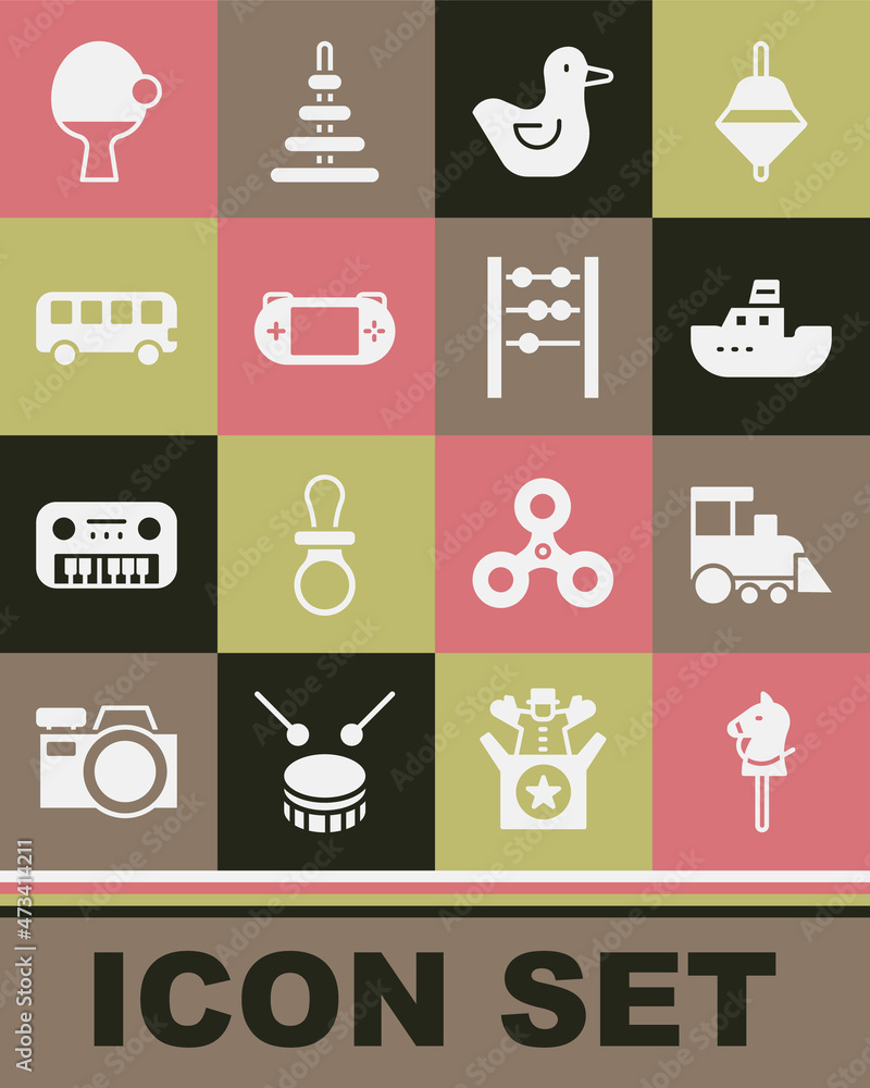 Set Toy horse, train, boat, Rubber duck, Portable video game console, Bus toy, Racket and ball and Abacus icon. Vector Set Toy horse, train, boat, Rubber duck, Portable video game console, Bus toy, Racket and ball and Abacus icon. Vector