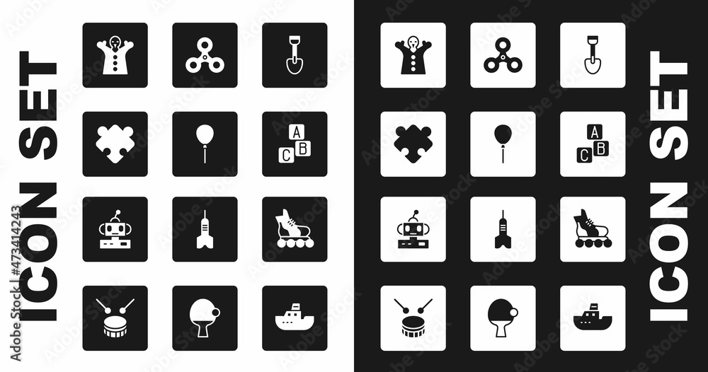 Set Shovel toy, Balloons with ribbon, Puzzle pieces, Toy puppet doll hand, ABC blocks, Fidget spinner, Roller skate and Robot icon. Vector Set Shovel toy, Balloons with ribbon, Puzzle pieces, Toy puppet doll hand, ABC blocks, Fidget spinner, Roller skate and Robot icon. Vector