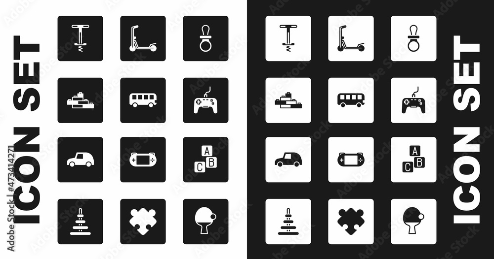 Set Baby dummy pacifier, Bus toy, Toy building block bricks, Pogo stick jumping, Gamepad, Scooter, ABC blocks and car icon. Vector Set Baby dummy pacifier, Bus toy, Toy building block bricks, Pogo stick jumping, Gamepad, Scooter, ABC blocks and car icon. Vector