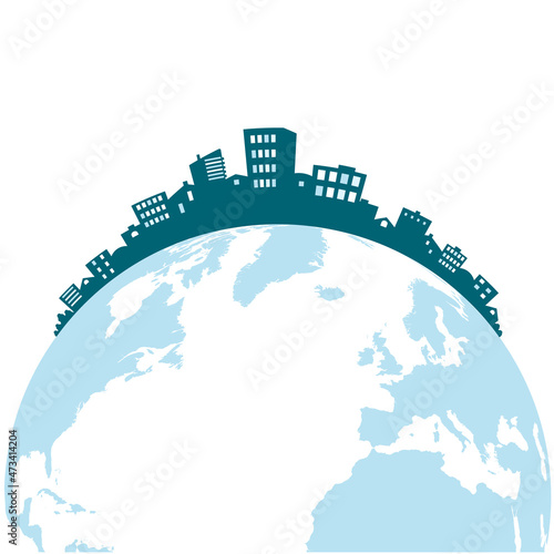 Vector design element.
Planet Earth, on which the silhouette of the city landscape of houses is placed in a semicircle.