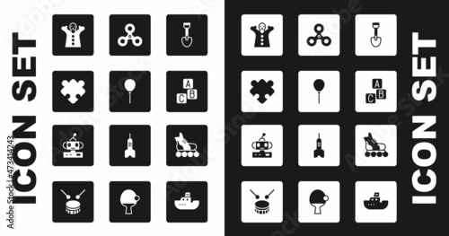 Set Shovel toy, Balloons with ribbon, Puzzle pieces, Toy puppet doll hand, ABC blocks, Fidget spinner, Roller skate and Robot icon. Vector