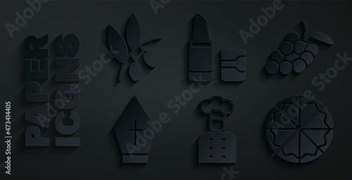 Set Italian cook, Grape fruit, Pope hat, Pizza, Lipstick and Olives branch icon. Vector
