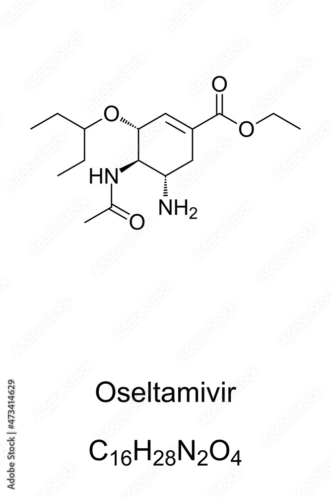 Oseltamivir, chemical formula and structure. Also named Tamiflu, an antiviral medication to