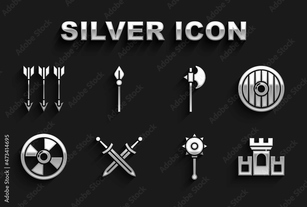 Set Crossed medieval sword, Round wooden shield, Castle, fortress, Medieval chained mace ball, axe, arrows and spear icon. Vector Set Crossed medieval sword, Round wooden shield, Castle, fortress, Medieval chained mace ball, axe, arrows and spear icon. Vector