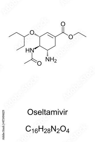 Oseltamivir, chemical formula and structure. Also named Tamiflu, an antiviral medication to treat and prevent influenza A and B. Synthesis starts with shikimic acid, extracted from Chinese star anise.