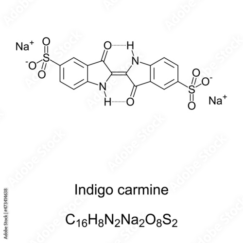 Indigo carmine, chemical formula and structure. Organic salt derived from indigo by aromatic sulfonation, which renders the compound soluble in water. Food colorant and pH indicator, with number E132.
