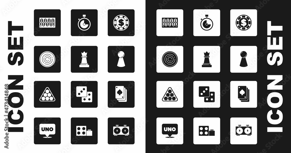 Set Casino chip with dollar, Chess, Checker game chips, Board, Chip for board, Stopwatch, Playing cards and Billiard balls triangle icon. Vector Set Casino chip with dollar, Chess, Checker game chips, Board, Chip for board, Stopwatch, Playing cards and Billiard balls triangle icon. Vector