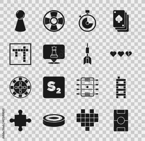 Set Hockey table, Mahjong pieces, Hearts for game, Stopwatch, Chess, Bingo, Chip board and Dart arrow icon. Vector