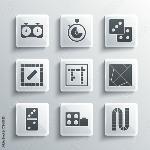 Set Toy building block bricks, Board game, Rubik cube, Bingo, Domino, Time chess clock and Game dice icon. Vector