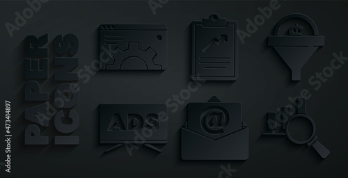Set Mail and e-mail, Lead management, Advertising, Magnifying glass analysis, Clipboard with graph chart and Browser setting icon. Vector