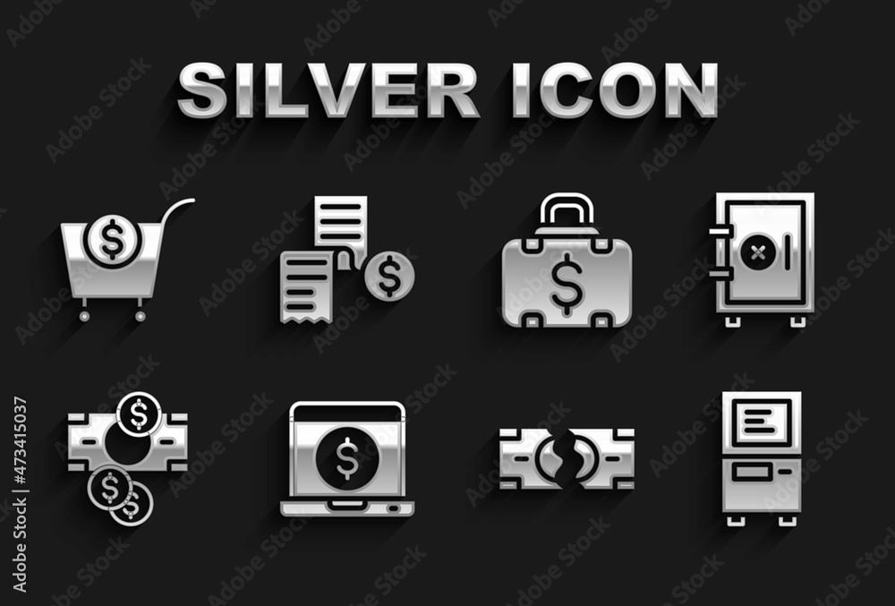 Set Laptop with dollar, Safe, ATM, Tearing money banknote, Stacks paper cash, Briefcase and, Shopping cart and Paper or financial check icon. Vector Set Laptop with dollar, Safe, ATM, Tearing money banknote, Stacks paper cash, Briefcase and, Shopping cart and Paper or financial check icon. Vector