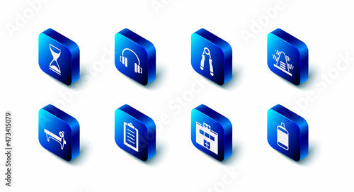 Set Headphones, Sport expander, Metal rack with weights, Punching bag, Gym building, training program, Bench barbel and Old hourglass icon. Vector
