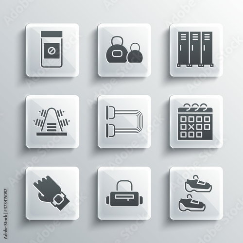 Set Sport bag, sneakers, Calendar fitness, Chest expander, Smart watch on hand, Metal rack with weights, Anabolic drugs and Locker changing room icon. Vector