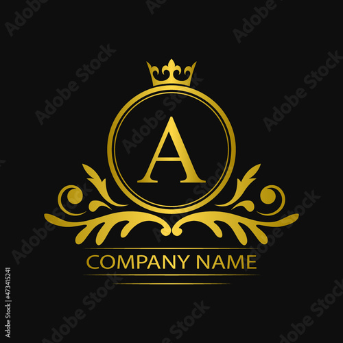 Golden letter A template logo Luxury gold letter with crown. Monogram alphabet . Beautiful royal initials letter.	