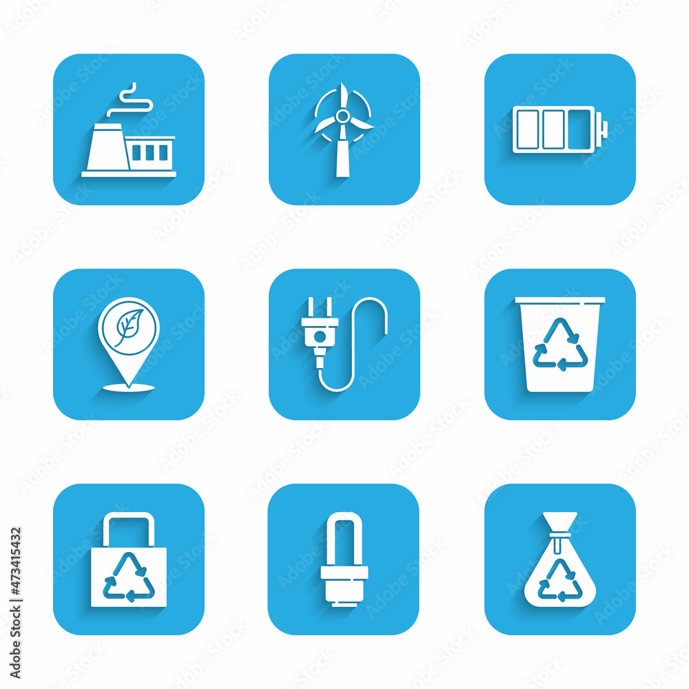 Set Electric plug, LED light bulb, Garbage bag with recycle, Recycle bin, Paper, Location leaf, Battery and Factory icon. Vector Set Electric plug, LED light bulb, Garbage bag with recycle, Recycle bin, Paper, Location leaf, Battery and Factory icon. Vector