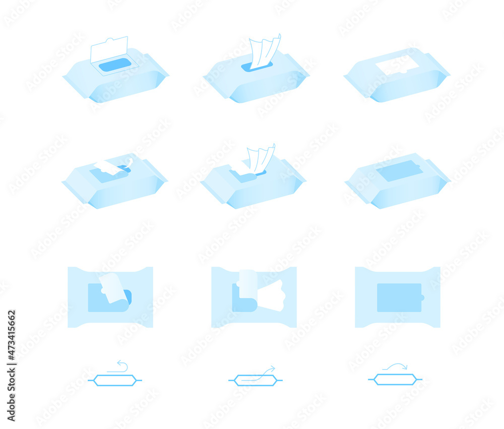 Wet wipes icon set. Vector illustration isolated on white background. Easy to use for presentation your product, design. EPS10. Wet wipes icon set. Vector illustration isolated on white background. Easy to use for presentation your product, design. EPS10.