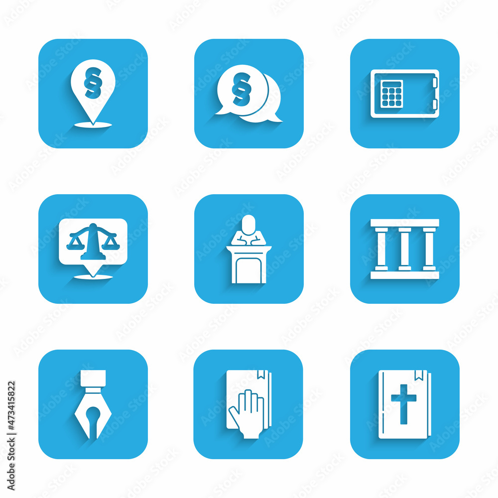 Set Judge, Oath on the Holy Bible, bible book, Prison window, Fountain pen nib, Scales of justice, Safe and Location law icon. Vector Set Judge, Oath on the Holy Bible, bible book, Prison window, Fountain pen nib, Scales of justice, Safe and Location law icon. Vector
