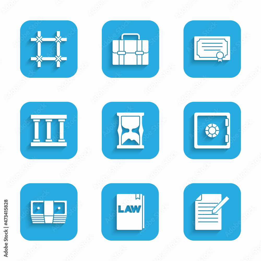 Set Old hourglass, Law book, Document and pen, Safe, Bribe money cash, Prison window, Certificate template and icon. Vector Set Old hourglass, Law book, Document and pen, Safe, Bribe money cash, Prison window, Certificate template and icon. Vector