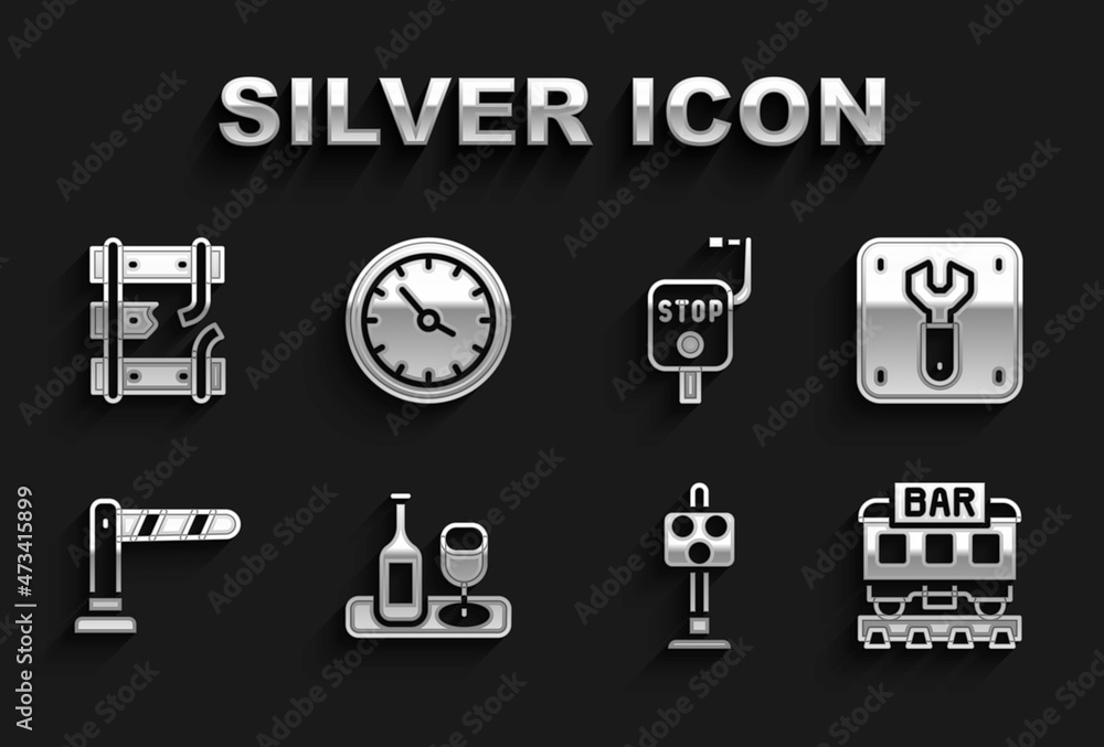 Set Wine bottle with glass, Repair of railway, Restaurant train, Train traffic light, Railway barrier, Emergency brake, Broken rails on and station clock icon. Vector Set Wine bottle with glass, Repair of railway, Restaurant train, Train traffic light, Railway barrier, Emergency brake, Broken rails on and station clock icon. Vector