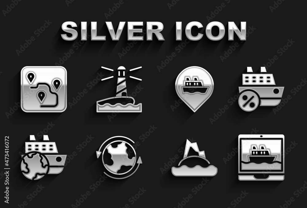 Set Worldwide, Cruise ship, Tropical island in ocean, Location with cruise, Route location and Lighthouse icon. Vector Set Worldwide, Cruise ship, Tropical island in ocean, Location with cruise, Route location and Lighthouse icon. Vector
