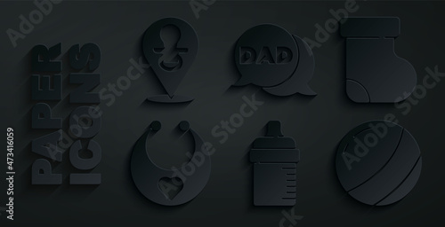 Set Baby bottle, socks clothes, bib, Beach ball, Speech bubble dad and dummy pacifier icon. Vector