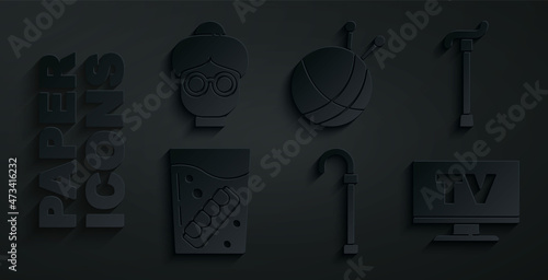 Set Walking stick cane, False jaw glass, Smart Tv, Yarn ball with knitting needles and Grandmother icon. Vector
