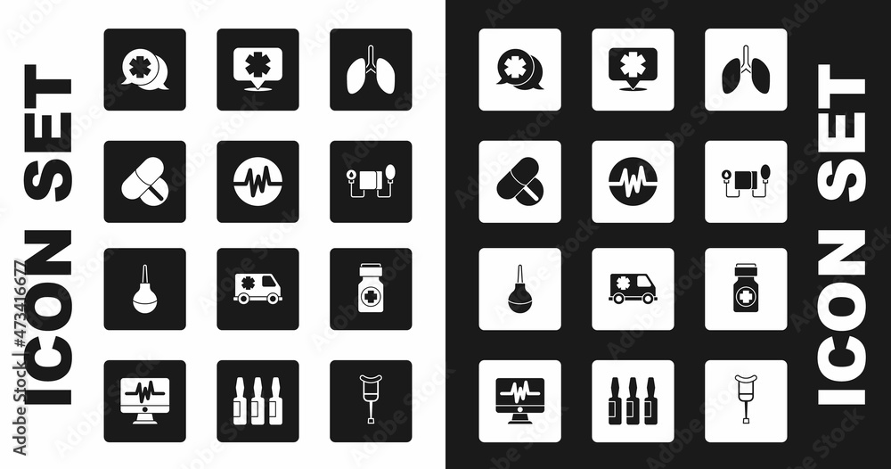 Set Lungs, Heart rate, Medicine pill or tablet, Dialogue with the doctor, Blood pressure, Medical symbol of Emergency, bottle and pills and Enema icon. Vector Set Lungs, Heart rate, Medicine pill or tablet, Dialogue with the doctor, Blood pressure, Medical symbol of Emergency, bottle and pills and Enema icon. Vector