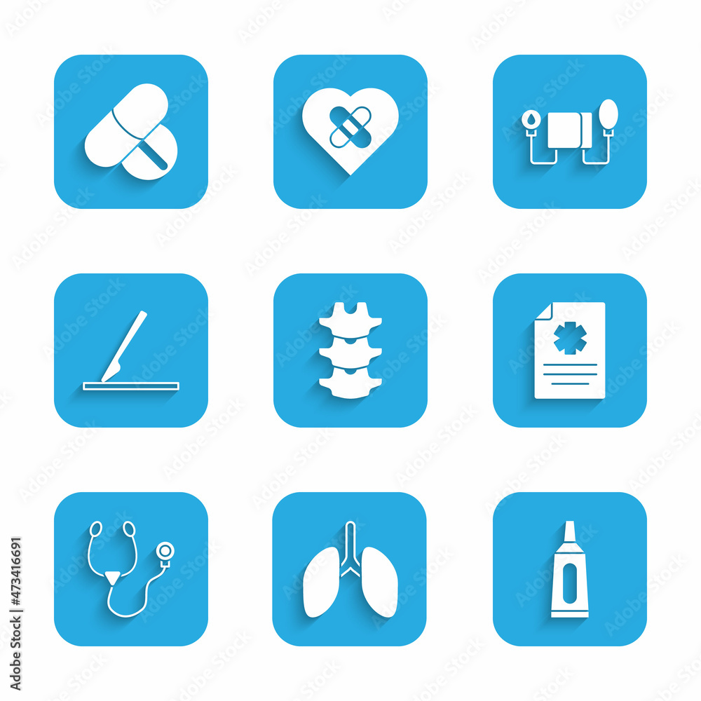 Set Human spine, Lungs, Ointment cream tube medicine, Clinical record, Stethoscope, Medical surgery scalpel, Blood pressure and Medicine pill tablet icon. Vector Set Human spine, Lungs, Ointment cream tube medicine, Clinical record, Stethoscope, Medical surgery scalpel, Blood pressure and Medicine pill tablet icon. Vector