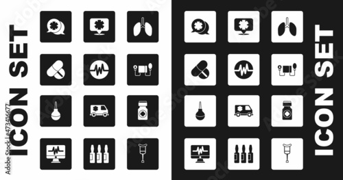 Set Lungs, Heart rate, Medicine pill or tablet, Dialogue with the doctor, Blood pressure, Medical symbol of Emergency, bottle and pills and Enema icon. Vector