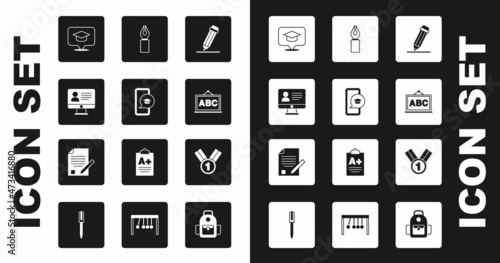 Set Pencil with eraser, Graduation cap on mobile, Online class, speech bubble, Chalkboard, Fountain pen nib, Medal and Exam sheet and pencil icon. Vector