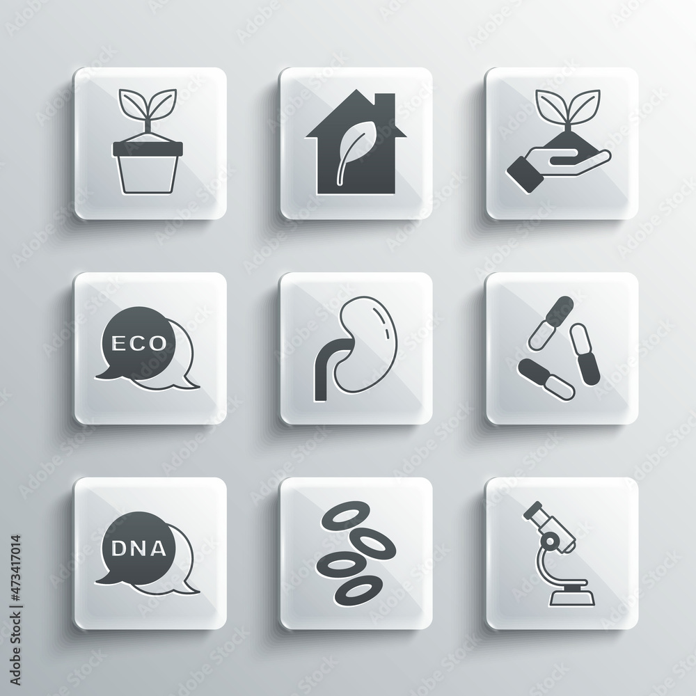 Set Hemoglobin, Microscope, Virus, Human kidney, DNA symbol, Label for eco healthy food, Plant pot and hand icon. Vector Set Hemoglobin, Microscope, Virus, Human kidney, DNA symbol, Label for eco healthy food, Plant pot and hand icon. Vector