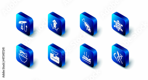 Set Octopus, Fish, Turtle, Seaweed, Served fish on plate, Whale tail in ocean wave, bowl and Fishing harpoon icon. Vector