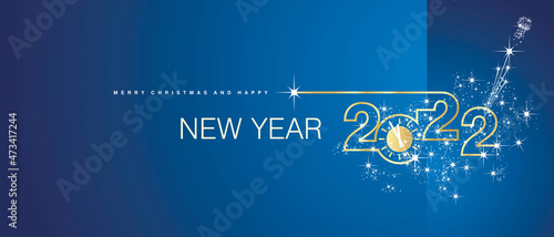 Merry Christmas and Happy New Year 2022 gold clock firework midnight countdown celebrations blue background greeting card