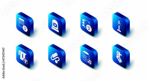 Set Ringing alarm bell, Digital door lock, Vacuum cleaner, Voice assistant, Electric extension cord, Smart electric kettle and Air humidifier icon. Vector