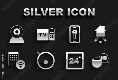 Set Robot vacuum cleaner, Smart home, Voice assistant, Thermostat, Air humidifier, key, Web camera and Multimedia and TV box receiver icon. Vector