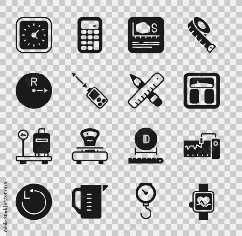 Set Smart watch, Measuring instrument, Bathroom scales, Area measurement, Laser distance measurer, Radius, Clock and Crossed ruler and pencil icon. Vector