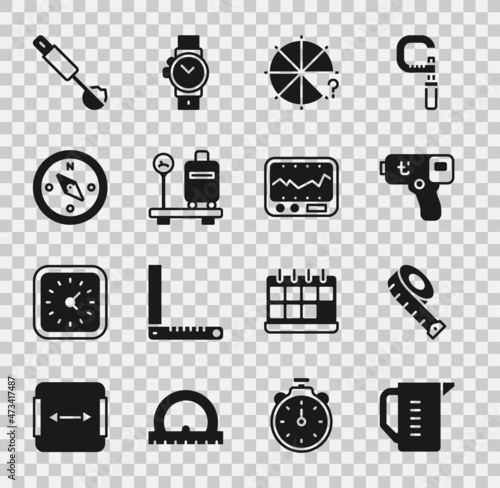 Set Measuring cup, tape, Digital thermometer, Circle of pieces, Scale with suitcase, Compass, spoon and instrument icon. Vector