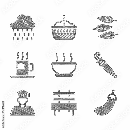 Set Bowl of hot soup, Bench, Eggplant, Umbrella, Graduate and graduation cap, Cup tea with tea bag, Leaf or leaves and Cloud rain icon. Vector