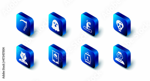Set Ghost, Zombie hand, Skull, Priest, Camping lantern, Guillotine, Krampus, heck and Scythe icon. Vector