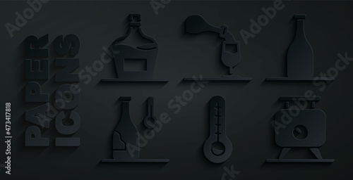Set Meteorology thermometer, Bottle of wine, Wine temperature, Fermentation grapes, tasting, degustation and Old bottle icon. Vector