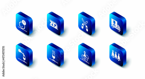 Set Cheese, Gardening scissors, Wine truck, Bottle of wine, italian fiasco bottle, tasting, degustation, and Wooden barrel for icon. Vector