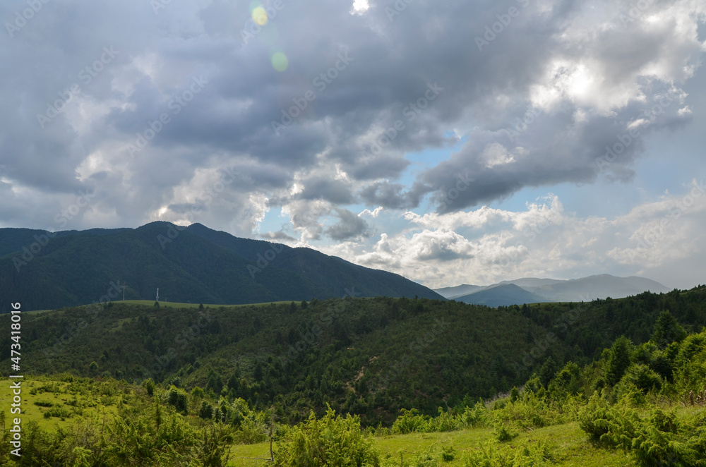 Obraz premium Picturesque landscape with green meadows and forest on hills and mountains at the distance. Carpathian countryside view in summer