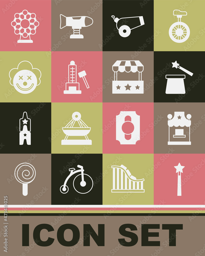 Set Magic wand, Ticket box office, hat, Cannon, Striker attraction with hammer, Clown head, Ferris wheel and icon. Vector Set Magic wand, Ticket box office, hat, Cannon, Striker attraction with hammer, Clown head, Ferris wheel and icon. Vector
