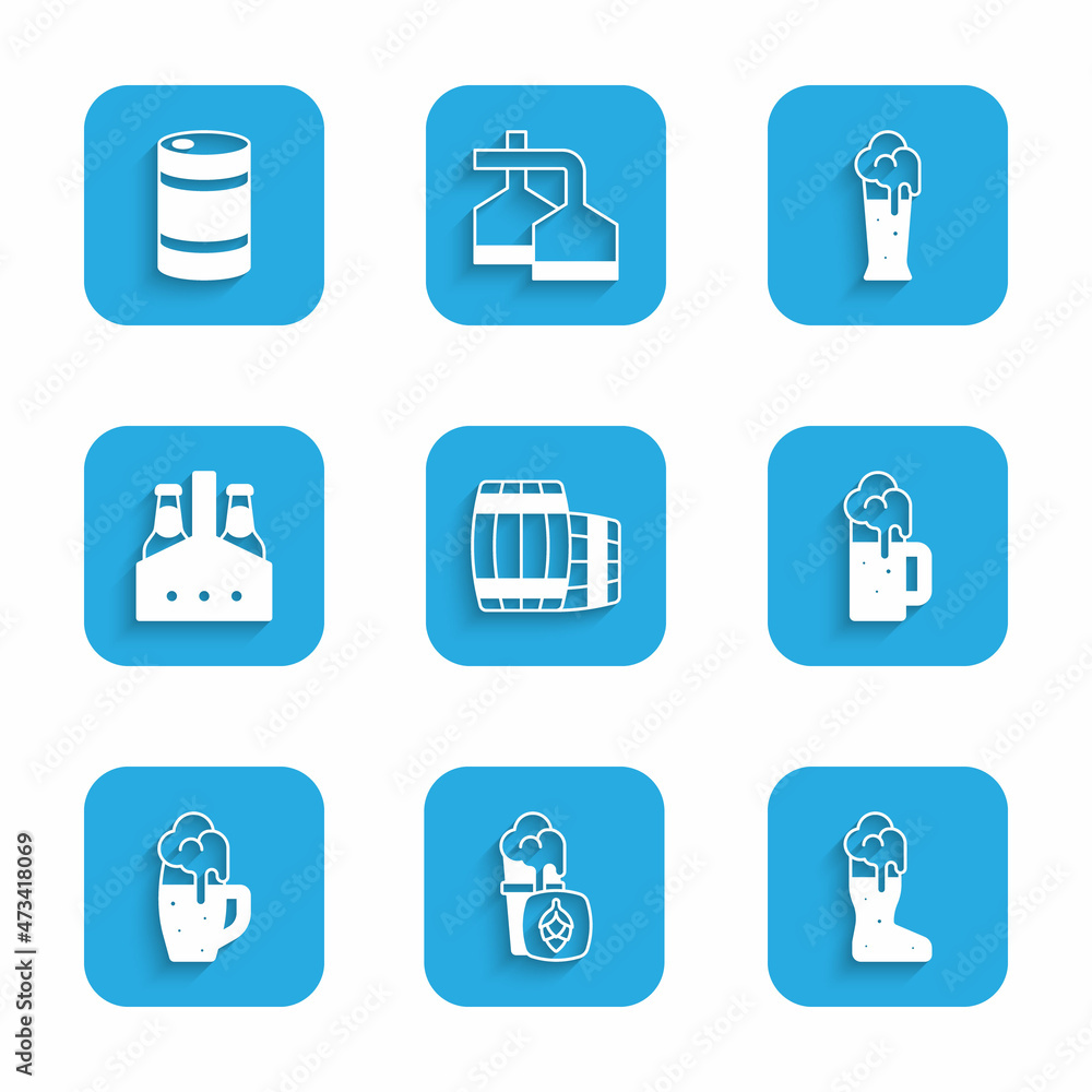 Set Wooden barrel, Glass of beer, Boot glass, mug, Pack bottles, and Metal keg icon. Vector Set Wooden barrel, Glass of beer, Boot glass, mug, Pack bottles, and Metal keg icon. Vector