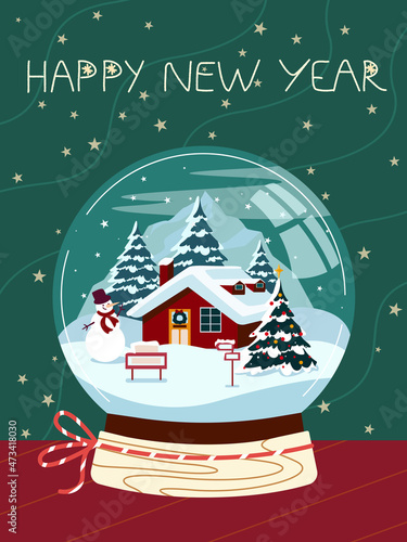 Christmas snowball. Xmas snowball with house and snowman in the snowy street. Merry Christmas and Happy New Year design for greeting cards, festive posters, backgrounds. Vector illustration