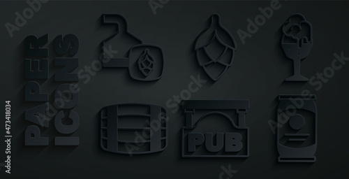 Set Street signboard with Pub, Glass of beer, Wooden barrel, Beer can, Hop and brewing process icon. Vector